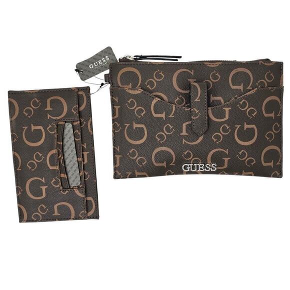 GUESS Wristlet Pouch Caspian SLG Cocoa Brown Monogram Purse w/ Wallet - Picture 1 of 9